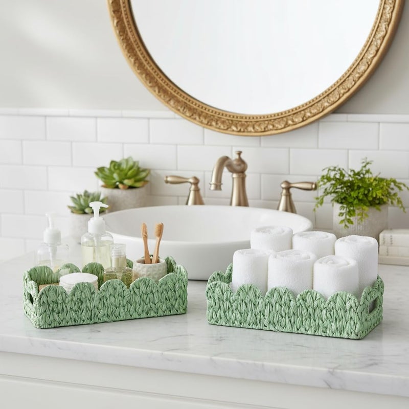 Coeusy Green Toilet Tank Basket,Toilet Paper Storage Basket Bathroom Counter Organizer Wicker Baskets for Organizing,Holds Up to 3 Mega Rolls,Green Decor Bathroom - Image 3